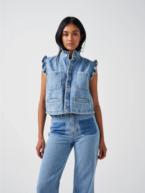 Seventy + Mochi Tops - Free People Ruffled Sleeveless Denim Vest in Light Blue - Women
